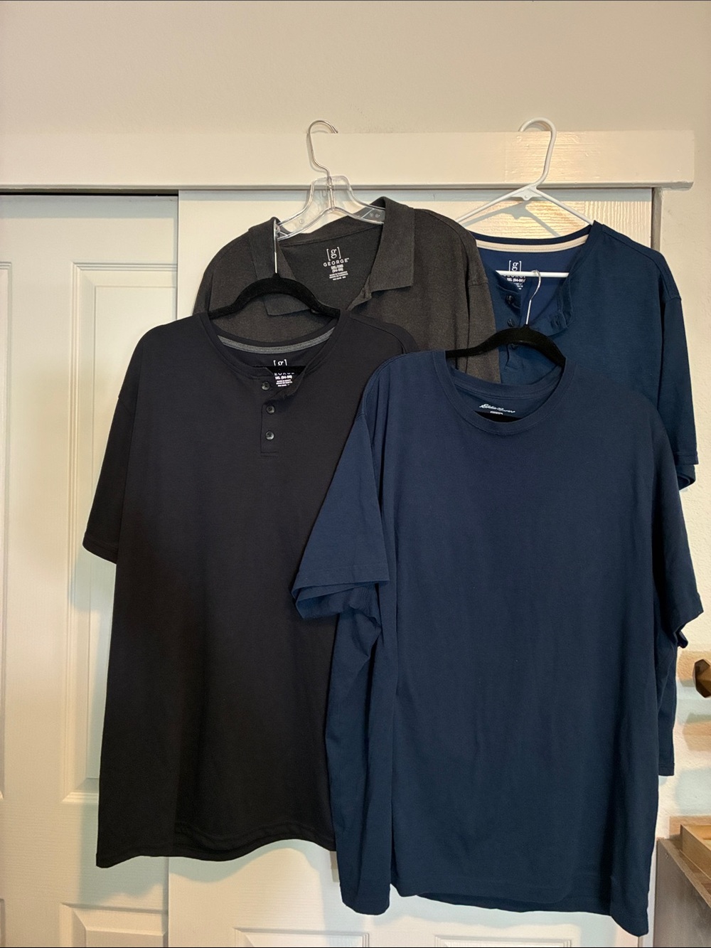 4 shirts Eddie Bauer, George Navy and Charcoal Polo & Blk button Henley